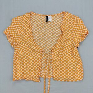 H&M Divided Crop Top Women XXS Orange Daisy Floral Tie Front Short Sleeve Blouse